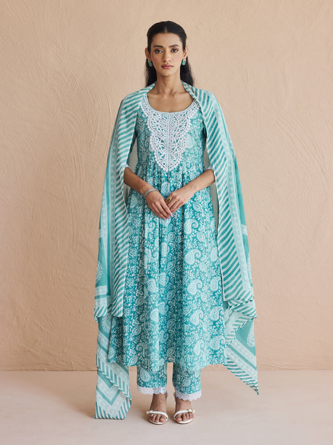 Dhiyona FL Women's Firozi Printed Cotton Anarkali Kurta Set with Dupatta