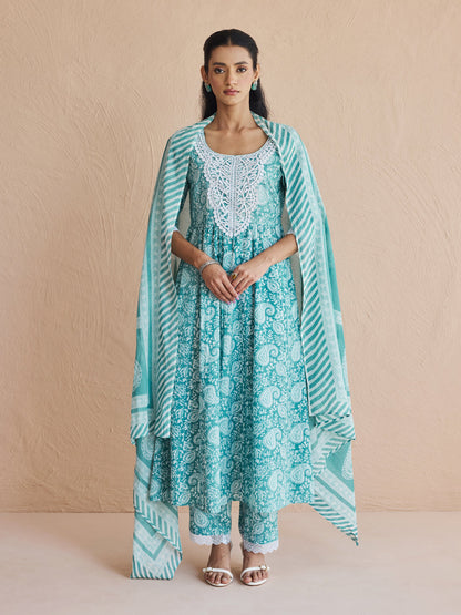 Dhiyona FL Women's Firozi Printed Cotton Anarkali Kurta Set with Dupatta