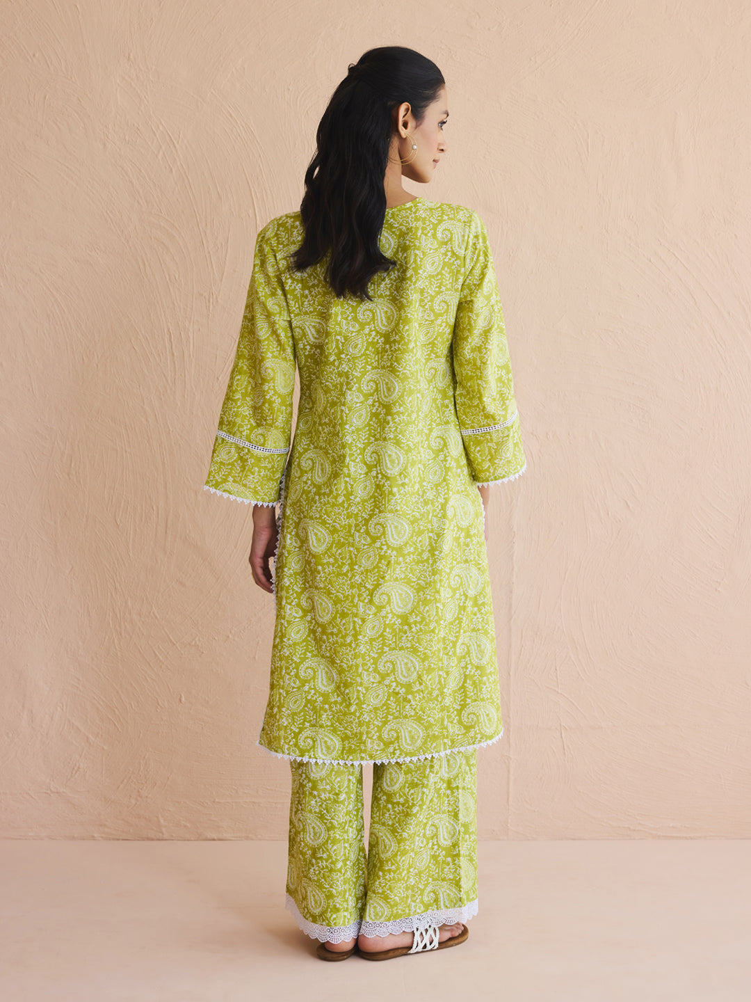 Dhiyona FL Women's Lime Green Paisley Printed Cotton Straight Kurta Set
