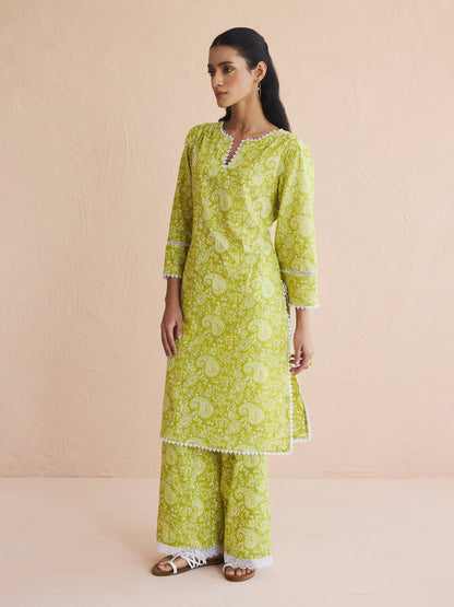 Dhiyona FL Women's Lime Green Paisley Printed Cotton Straight Kurta Set