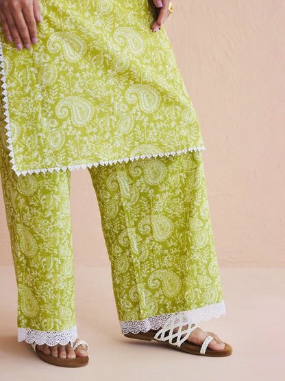 Dhiyona FL Women's Lime Green Paisley Printed Cotton Straight Kurta Set