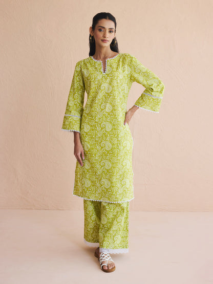 Dhiyona FL Women's Lime Green Paisley Printed Cotton Straight Kurta Set