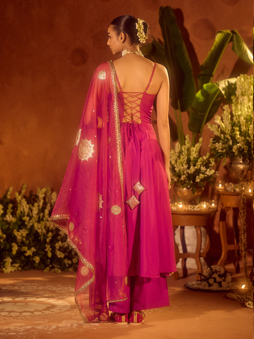 Dhiyona FL Women's Pink Viscose Chanderi Embroidered & Gota Patti Work Ethnic A-Line Kurta Set with Dupatta