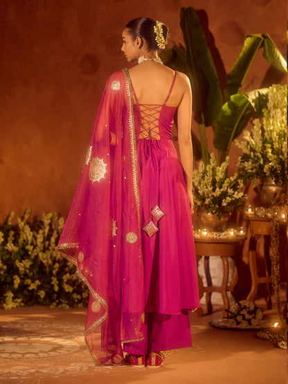 Dhiyona FL Women's Pink Viscose Chanderi Embroidered & Gota Patti Work Ethnic A-Line Kurta Set with Dupatta