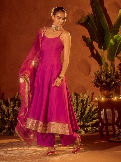 Dhiyona FL Women's Pink Viscose Chanderi Embroidered & Gota Patti Work Ethnic A-Line Kurta Set with Dupatta