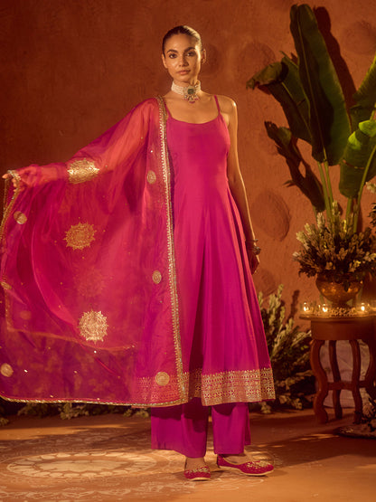 Dhiyona FL Women's Pink Viscose Chanderi Embroidered & Gota Patti Work Ethnic A-Line Kurta Set with Dupatta