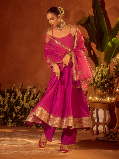 Dhiyona FL Women's Pink Viscose Chanderi Embroidered & Gota Patti Work Ethnic A-Line Kurta Set with Dupatta