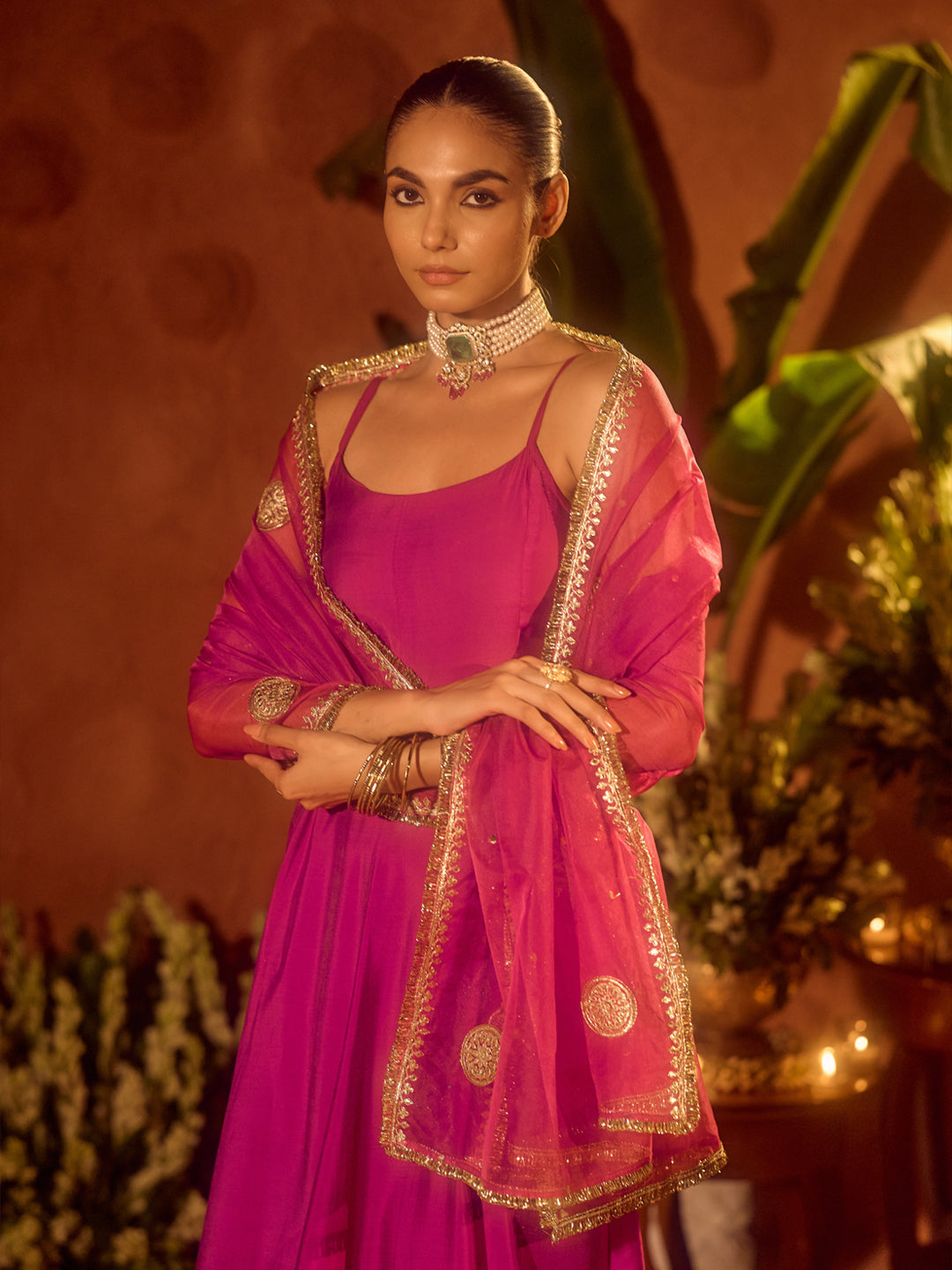 Dhiyona FL Women's Pink Viscose Chanderi Embroidered & Gota Patti Work Ethnic A-Line Kurta Set with Dupatta