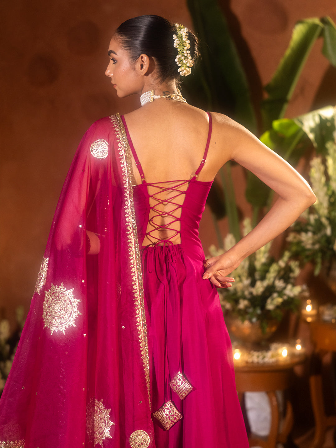 Dhiyona FL Women's Pink Viscose Chanderi Embroidered & Gota Patti Work Ethnic A-Line Kurta Set with Dupatta