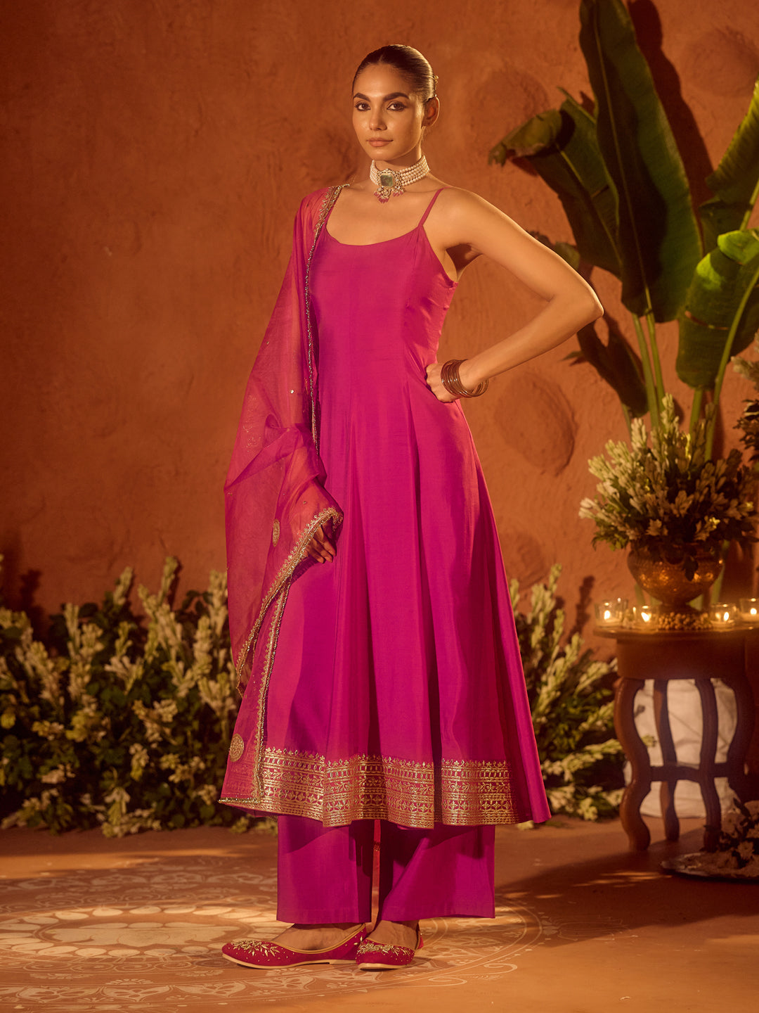 Dhiyona FL Women's Pink Viscose Chanderi Embroidered & Gota Patti Work Ethnic A-Line Kurta Set with Dupatta