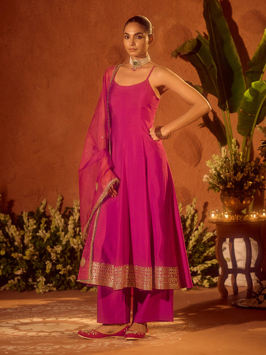 Dhiyona FL Women's Pink Viscose Chanderi Embroidered & Gota Patti Work Ethnic A-Line Kurta Set with Dupatta