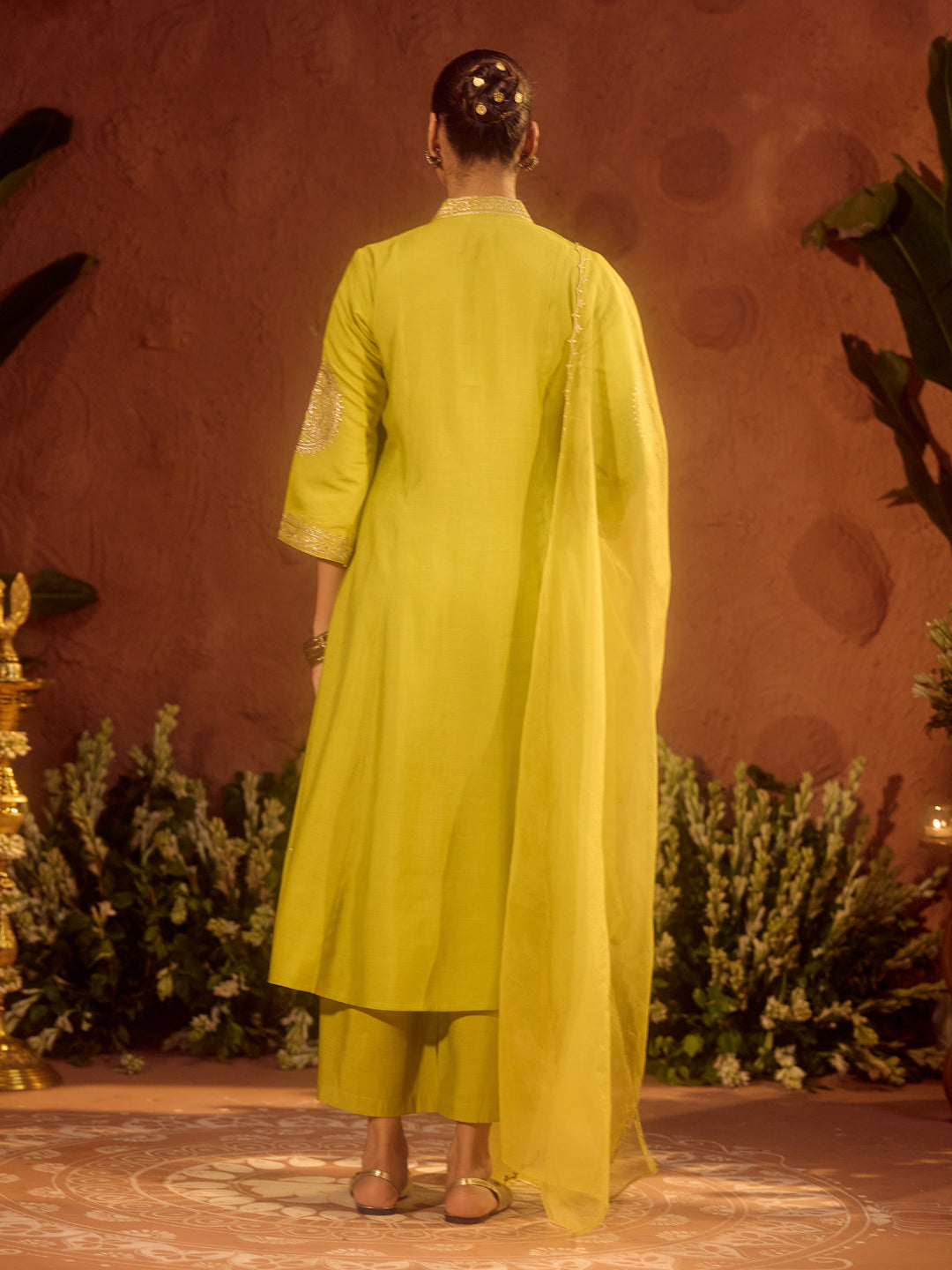 Dhiyona FL Women's Lime Green Viscose Chanderi Embroidered & Gota Patti Work Ethnic A-Line Kurta Set with Dupatta