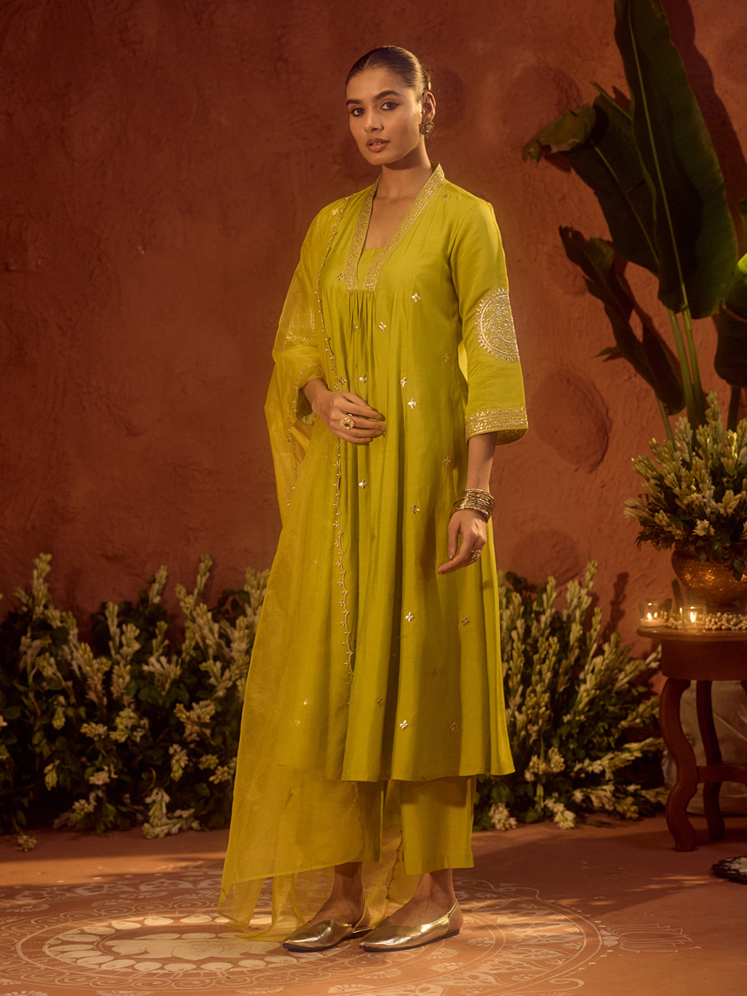 Dhiyona FL Women's Lime Green Viscose Chanderi Embroidered & Gota Patti Work Ethnic A-Line Kurta Set with Dupatta