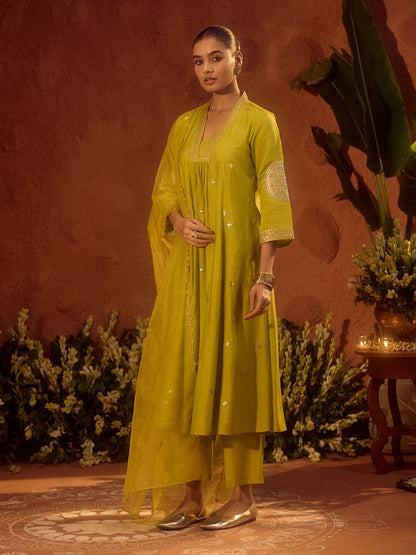 Dhiyona FL Women's Lime Green Viscose Chanderi Embroidered & Gota Patti Work Ethnic A-Line Kurta Set with Dupatta