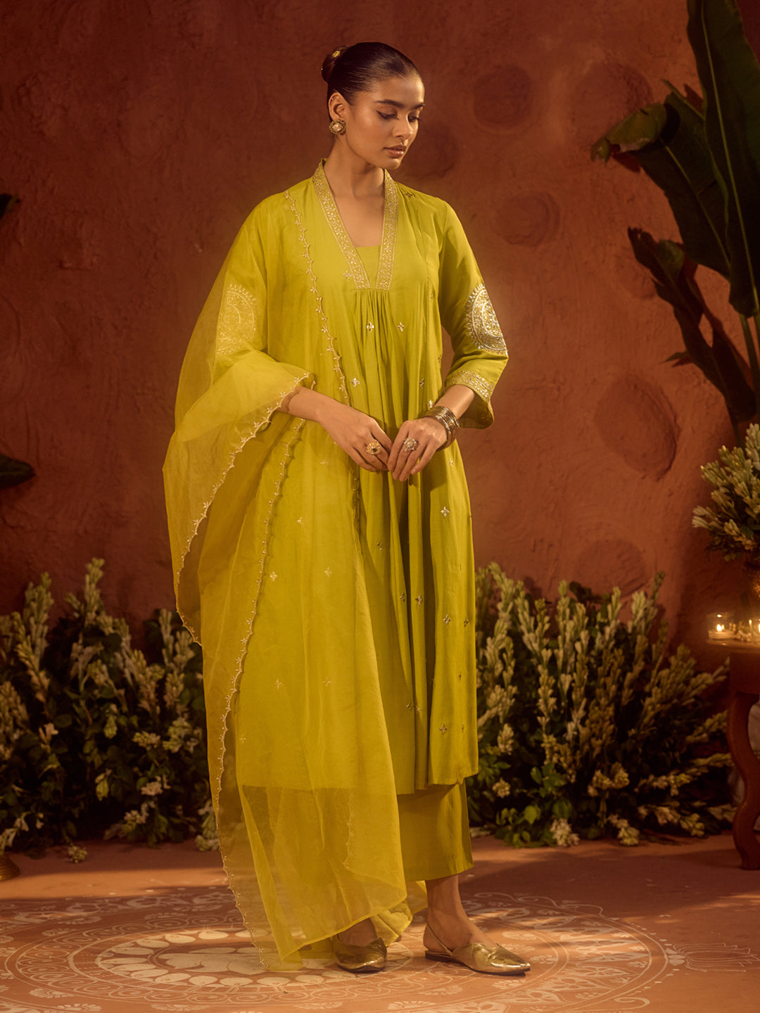 Dhiyona FL Women's Lime Green Viscose Chanderi Embroidered & Gota Patti Work Ethnic A-Line Kurta Set with Dupatta