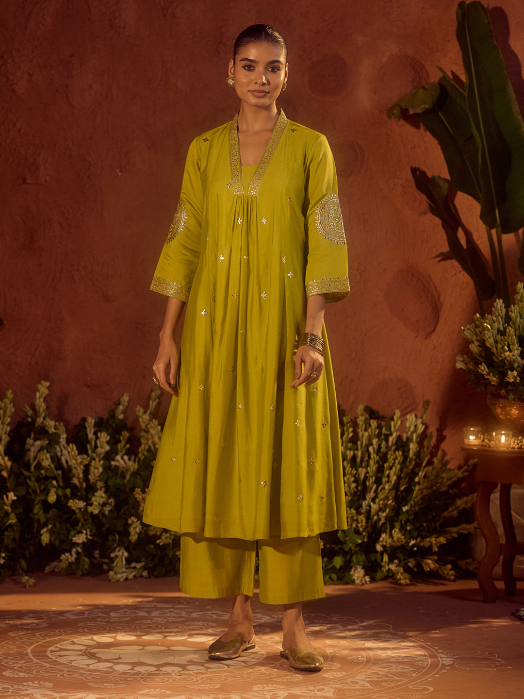 Dhiyona FL Women's Lime Green Viscose Chanderi Embroidered & Gota Patti Work Ethnic A-Line Kurta Set with Dupatta