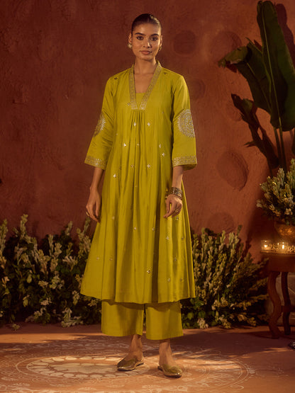 Dhiyona FL Women's Lime Green Viscose Chanderi Embroidered & Gota Patti Work Ethnic A-Line Kurta Set with Dupatta