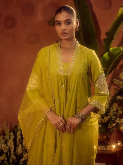 Dhiyona FL Women's Lime Green Viscose Chanderi Embroidered & Gota Patti Work Ethnic A-Line Kurta Set with Dupatta