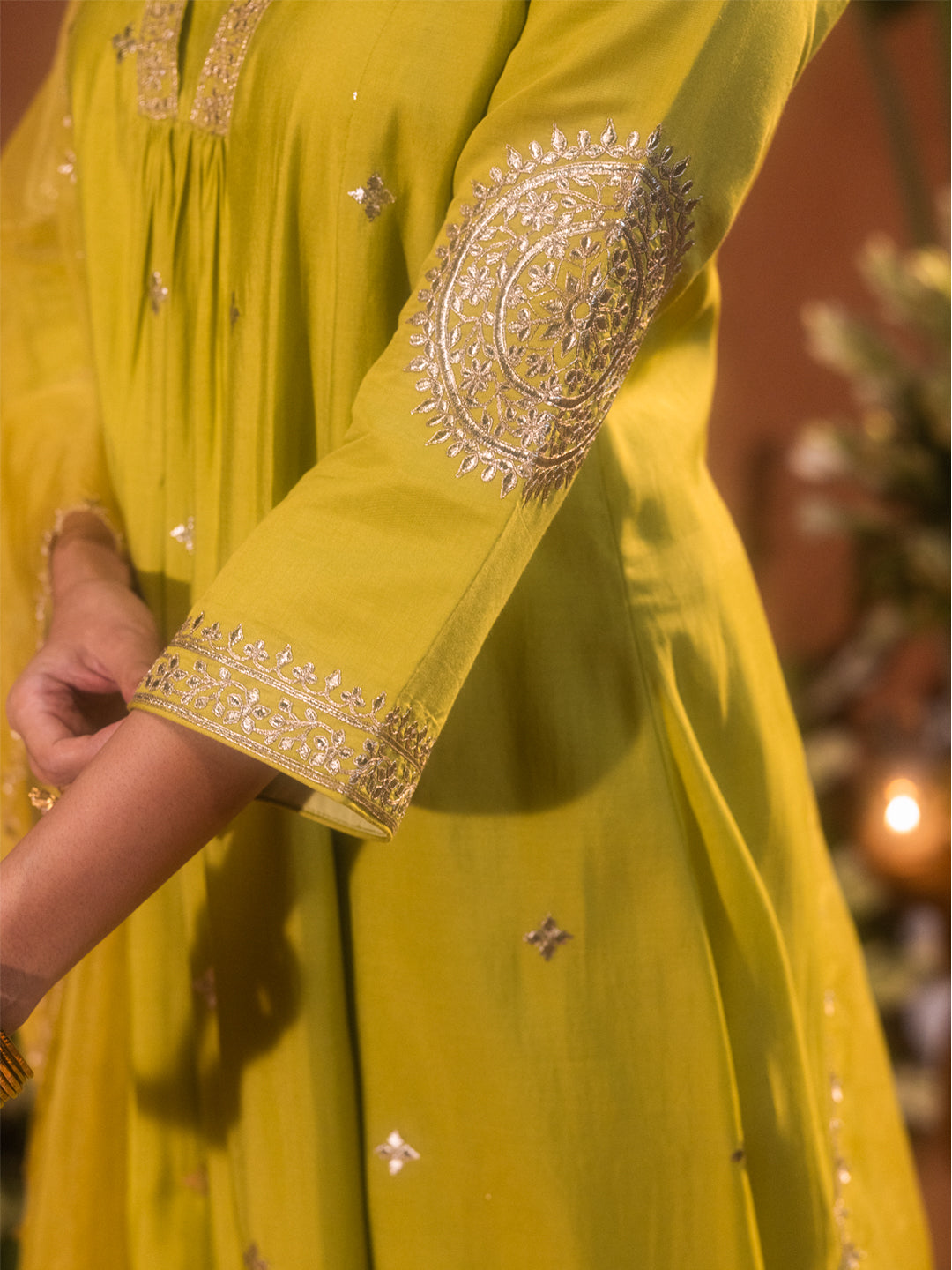 Dhiyona FL Women's Lime Green Viscose Chanderi Embroidered & Gota Patti Work Ethnic A-Line Kurta Set with Dupatta