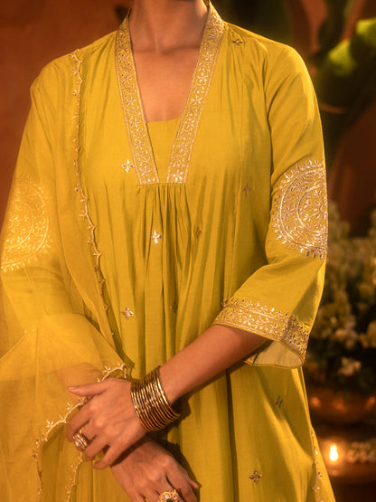 Dhiyona FL Women's Lime Green Viscose Chanderi Embroidered & Gota Patti Work Ethnic A-Line Kurta Set with Dupatta