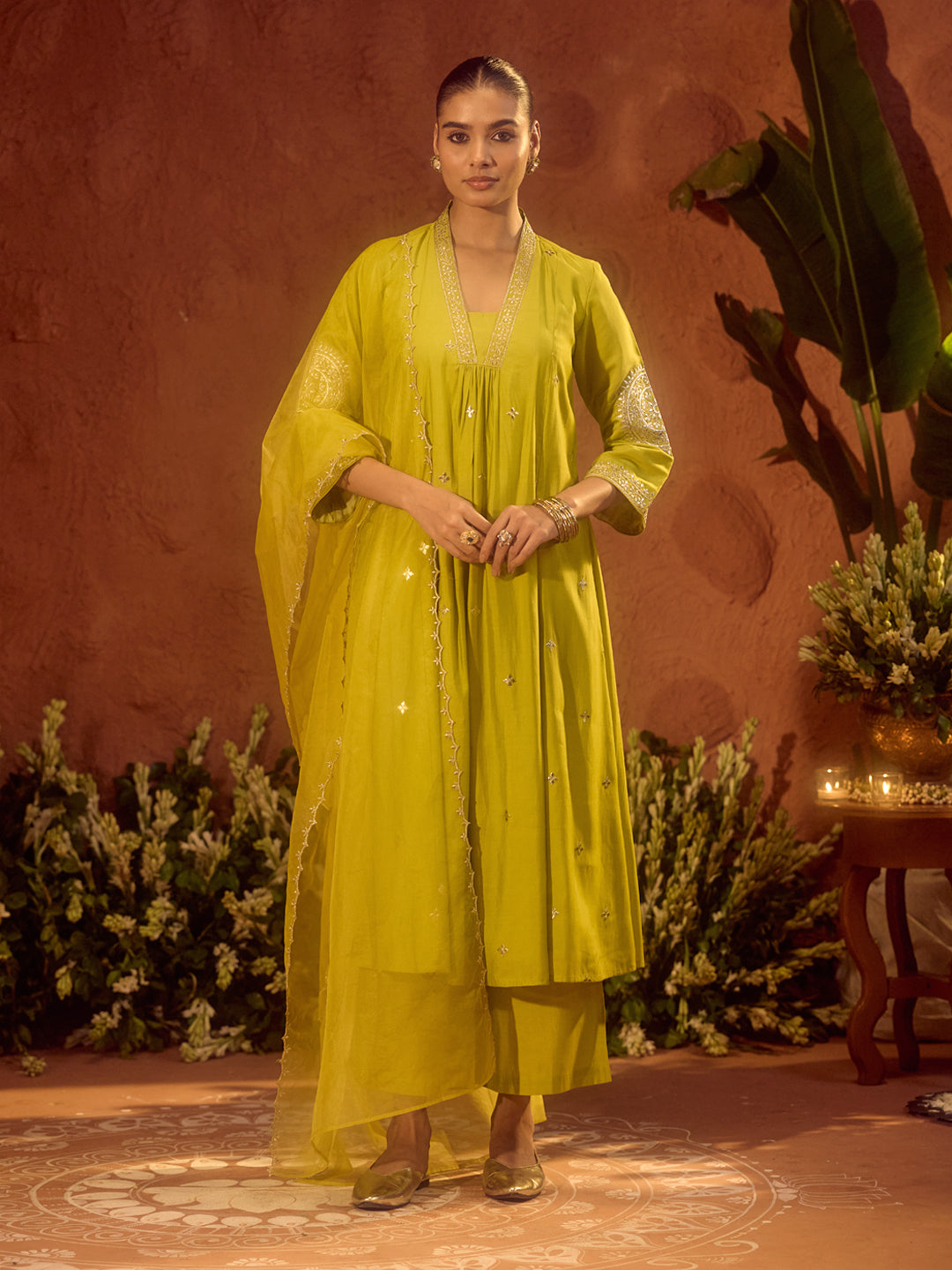 Dhiyona FL Women's Lime Green Viscose Chanderi Embroidered & Gota Patti Work Ethnic A-Line Kurta Set with Dupatta