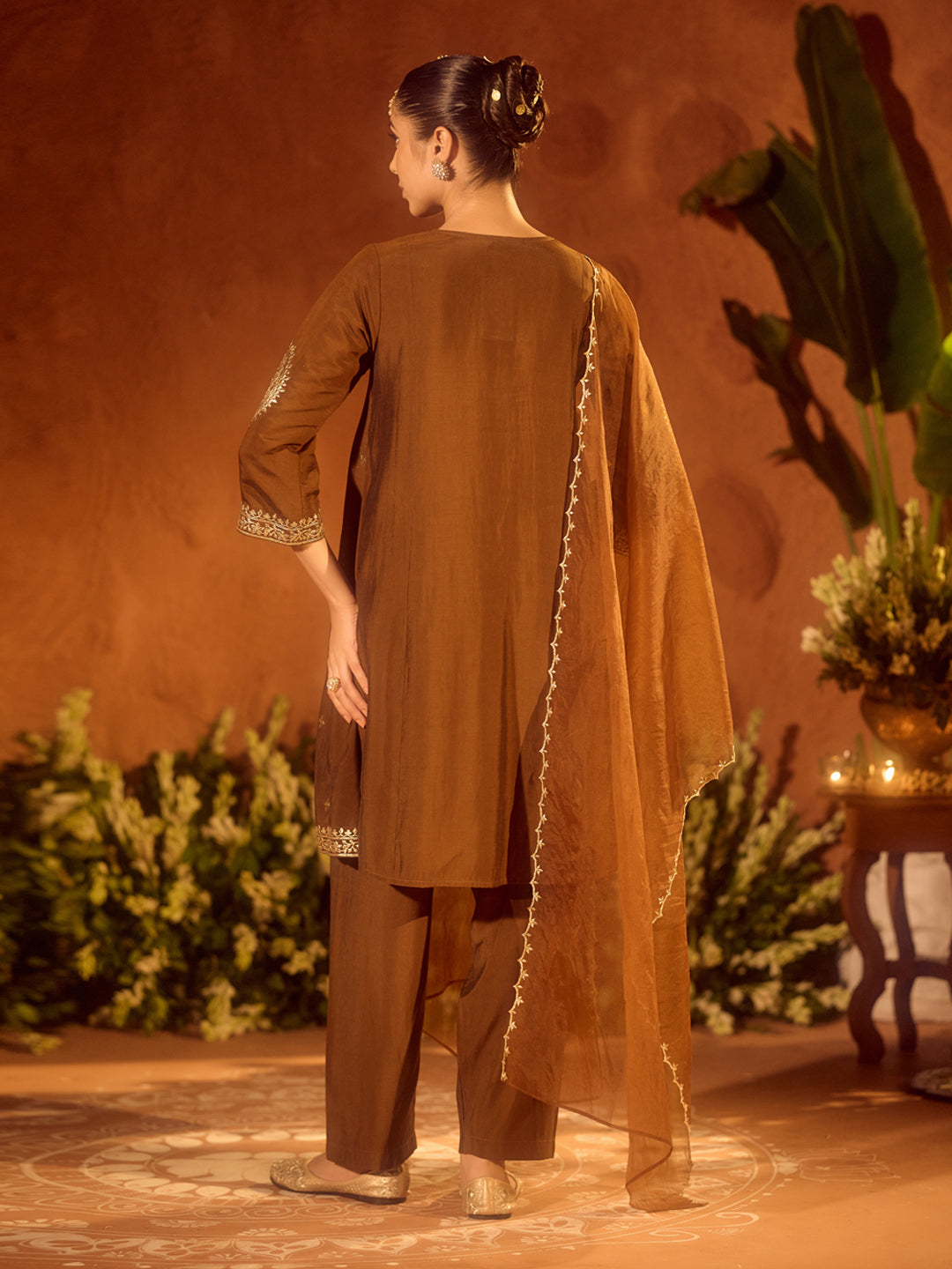 Dhiyona FL Women's Brown Viscose Chanderi Embroidered & Gota Patti Work Ethnic A-Line Kurta Set with Dupatta