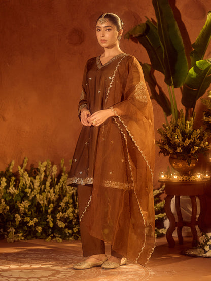Dhiyona FL Women's Brown Viscose Chanderi Embroidered & Gota Patti Work Ethnic A-Line Kurta Set with Dupatta