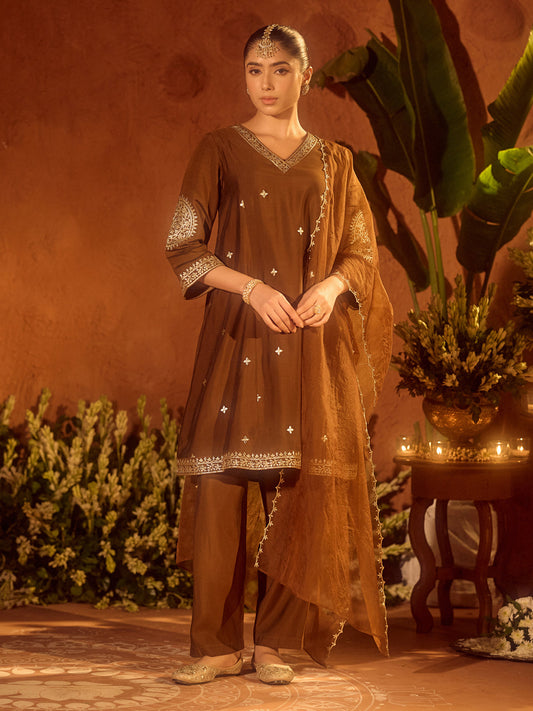 Dhiyona FL Women's Brown Viscose Chanderi Embroidered & Gota Patti Work Ethnic A-Line Kurta Set with Dupatta