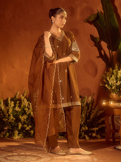 Dhiyona FL Women's Brown Viscose Chanderi Embroidered & Gota Patti Work Ethnic A-Line Kurta Set with Dupatta