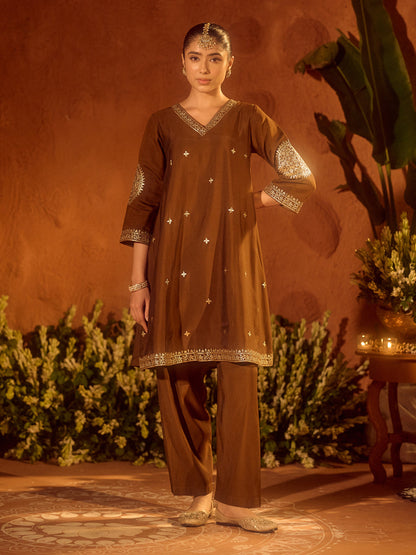 Dhiyona FL Women's Brown Viscose Chanderi Embroidered & Gota Patti Work Ethnic A-Line Kurta Set with Dupatta