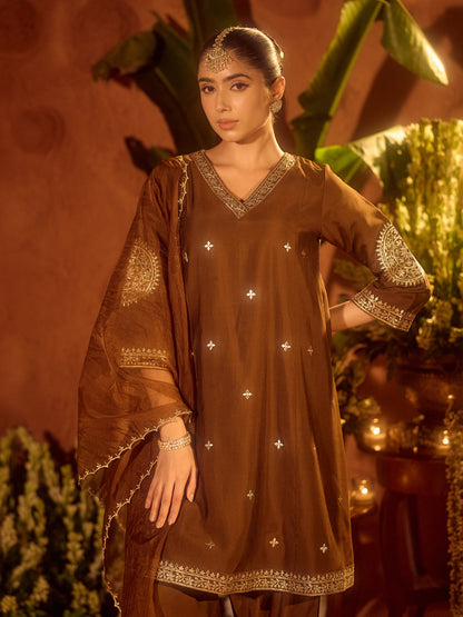 Dhiyona FL Women's Brown Viscose Chanderi Embroidered & Gota Patti Work Ethnic A-Line Kurta Set with Dupatta