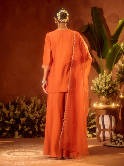 Dhiyona FL Women's Orange Viscose Chanderi Embroidered Ethnic Straight Kurta Set with Dupatta