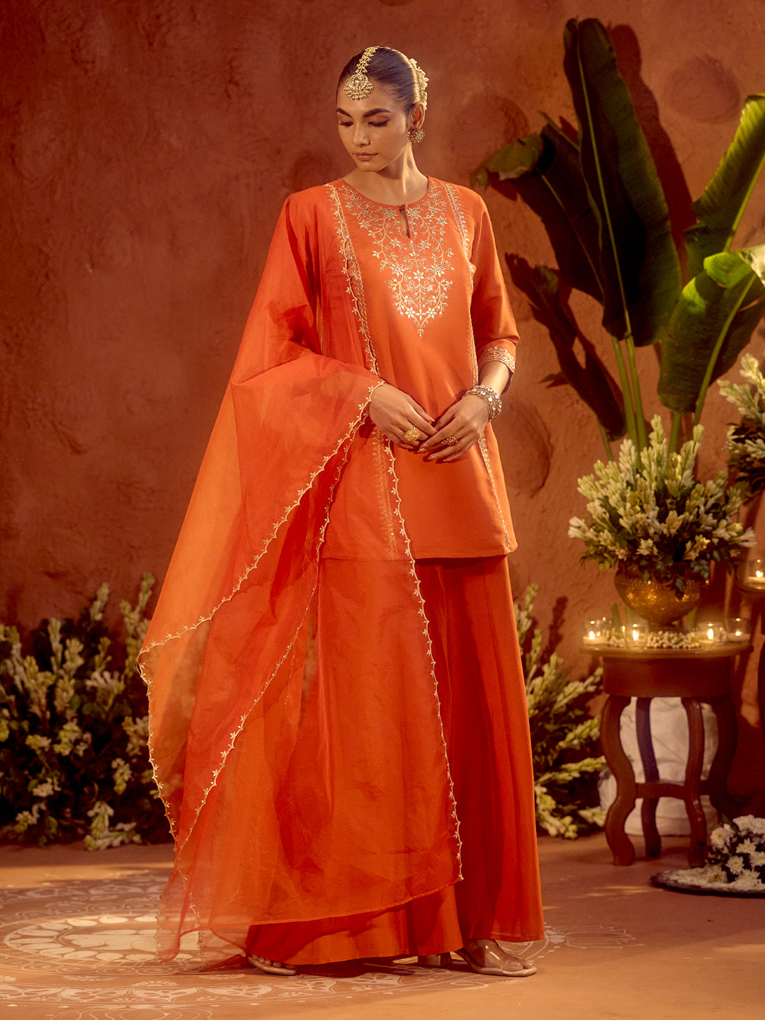 Dhiyona FL Women's Orange Viscose Chanderi Embroidered Ethnic Straight Kurta Set with Dupatta