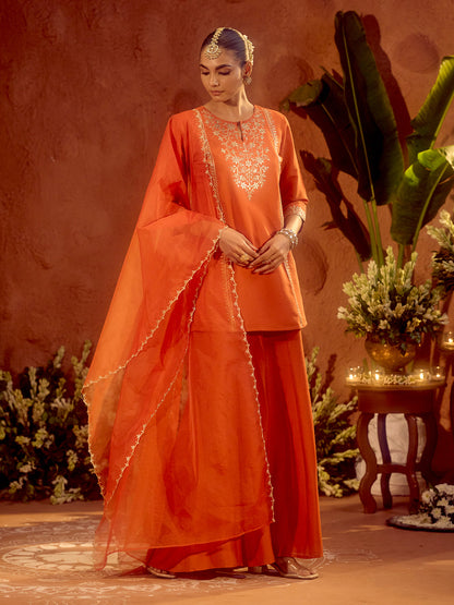 Dhiyona FL Women's Orange Viscose Chanderi Embroidered Ethnic Straight Kurta Set with Dupatta
