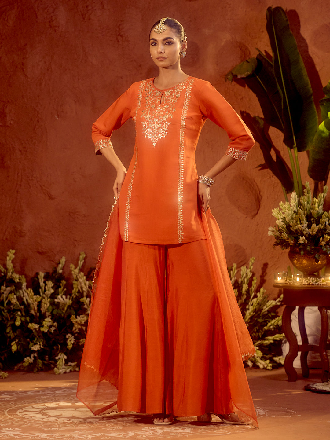 Dhiyona FL Women's Orange Viscose Chanderi Embroidered Ethnic Straight Kurta Set with Dupatta