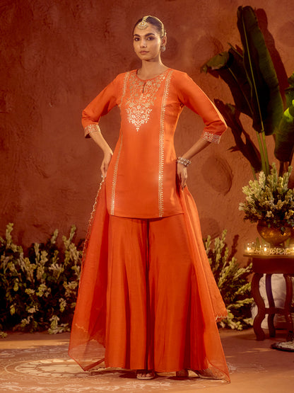 Dhiyona FL Women's Orange Viscose Chanderi Embroidered Ethnic Straight Kurta Set with Dupatta