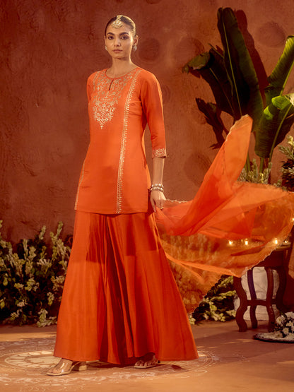 Dhiyona FL Women's Orange Viscose Chanderi Embroidered Ethnic Straight Kurta Set with Dupatta