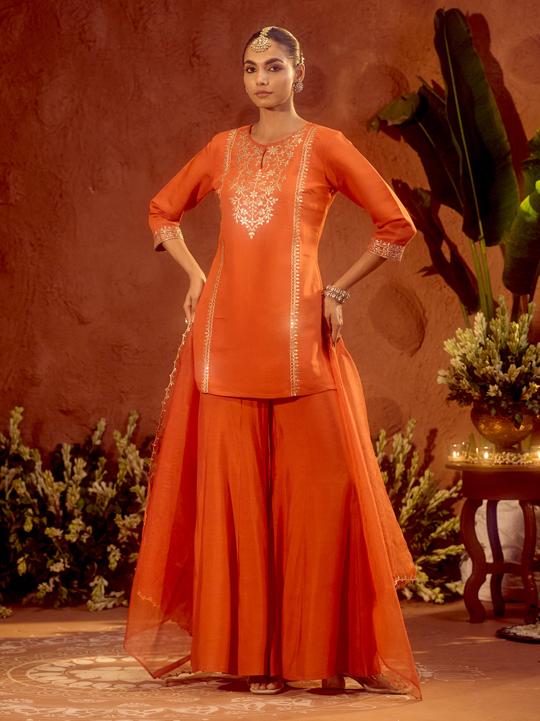 Dhiyona FL Women's Orange Viscose Chanderi Embroidered Ethnic Straight Kurta Set with Dupatta