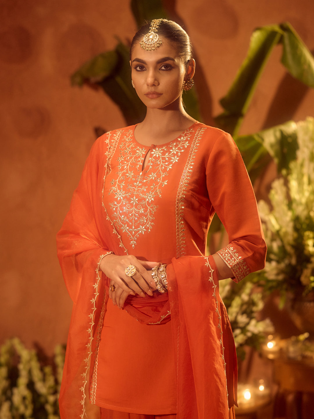 Dhiyona FL Women's Orange Viscose Chanderi Embroidered Ethnic Straight Kurta Set with Dupatta