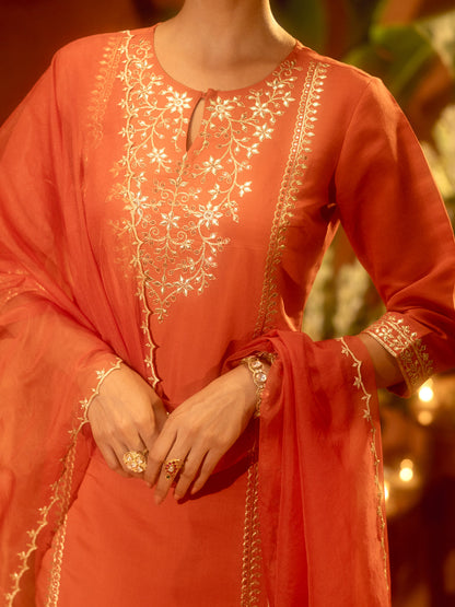 Dhiyona FL Women's Orange Viscose Chanderi Embroidered Ethnic Straight Kurta Set with Dupatta
