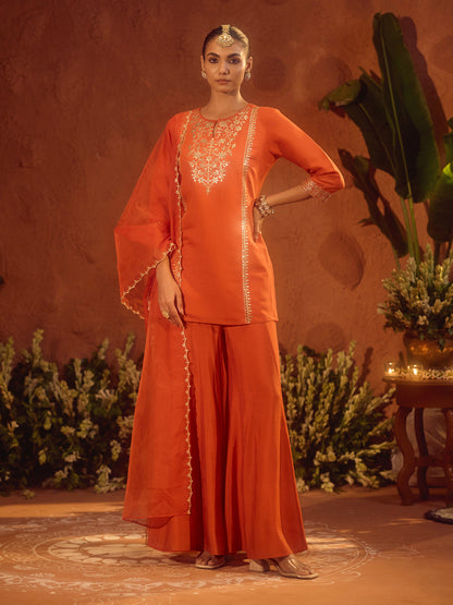 Dhiyona FL Women's Orange Viscose Chanderi Embroidered Ethnic Straight Kurta Set with Dupatta