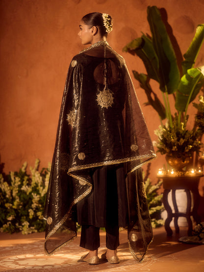 Dhiyona FL Women's Black Viscose Chanderi Embroidered Ethnic Anarkali Kurta Set with Dupatta