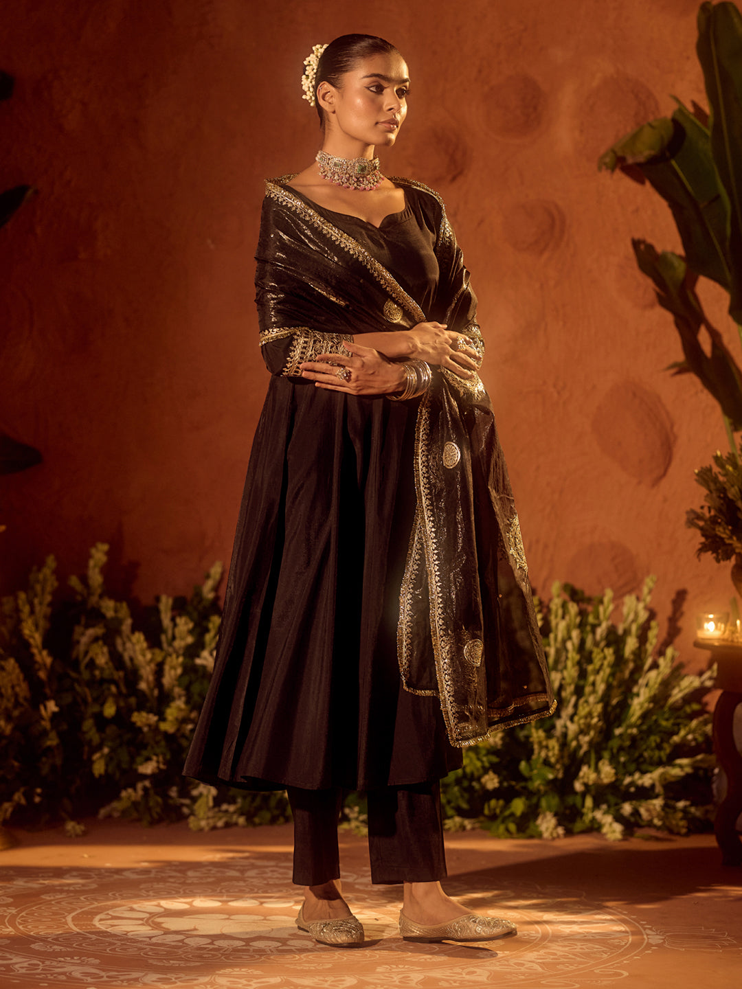 Dhiyona FL Women's Black Viscose Chanderi Embroidered Ethnic Anarkali Kurta Set with Dupatta