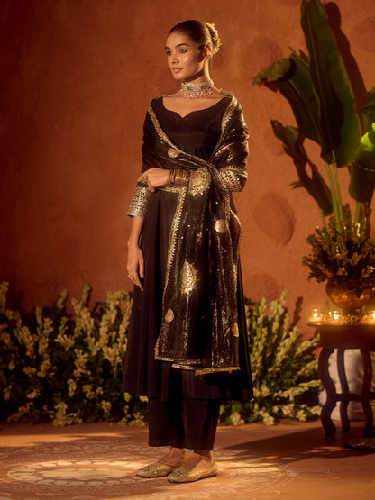 Dhiyona FL Women's Black Viscose Chanderi Embroidered Ethnic Anarkali Kurta Set with Dupatta