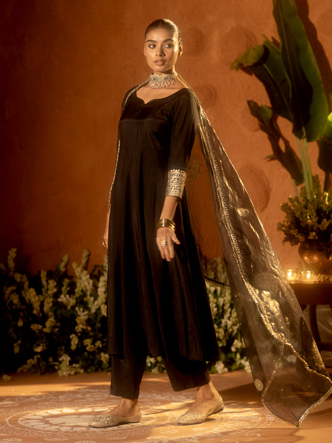 Dhiyona FL Women's Black Viscose Chanderi Embroidered Ethnic Anarkali Kurta Set with Dupatta