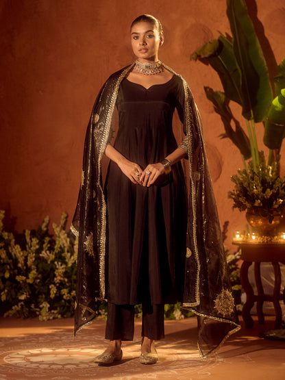 Dhiyona FL Women's Black Viscose Chanderi Embroidered Ethnic Anarkali Kurta Set with Dupatta