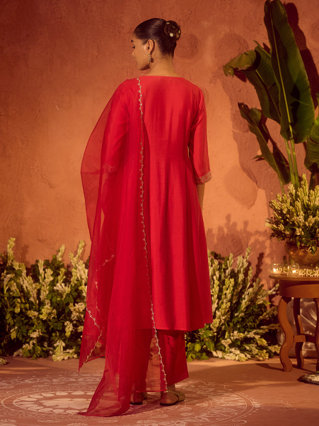 Dhiyona FL Women's Red Viscose Chanderi Embroidered Ethnic A-Line Kurta Set with Dupatta