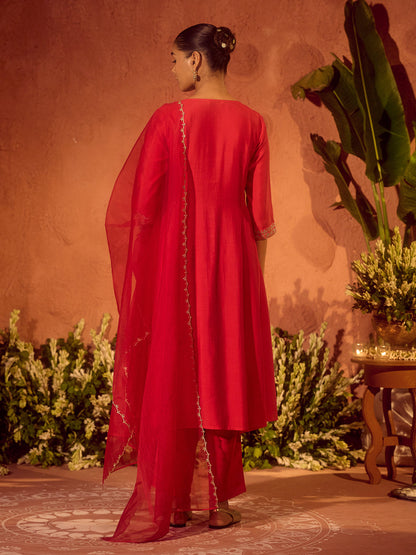 Dhiyona FL Women's Red Viscose Chanderi Embroidered Ethnic A-Line Kurta Set with Dupatta