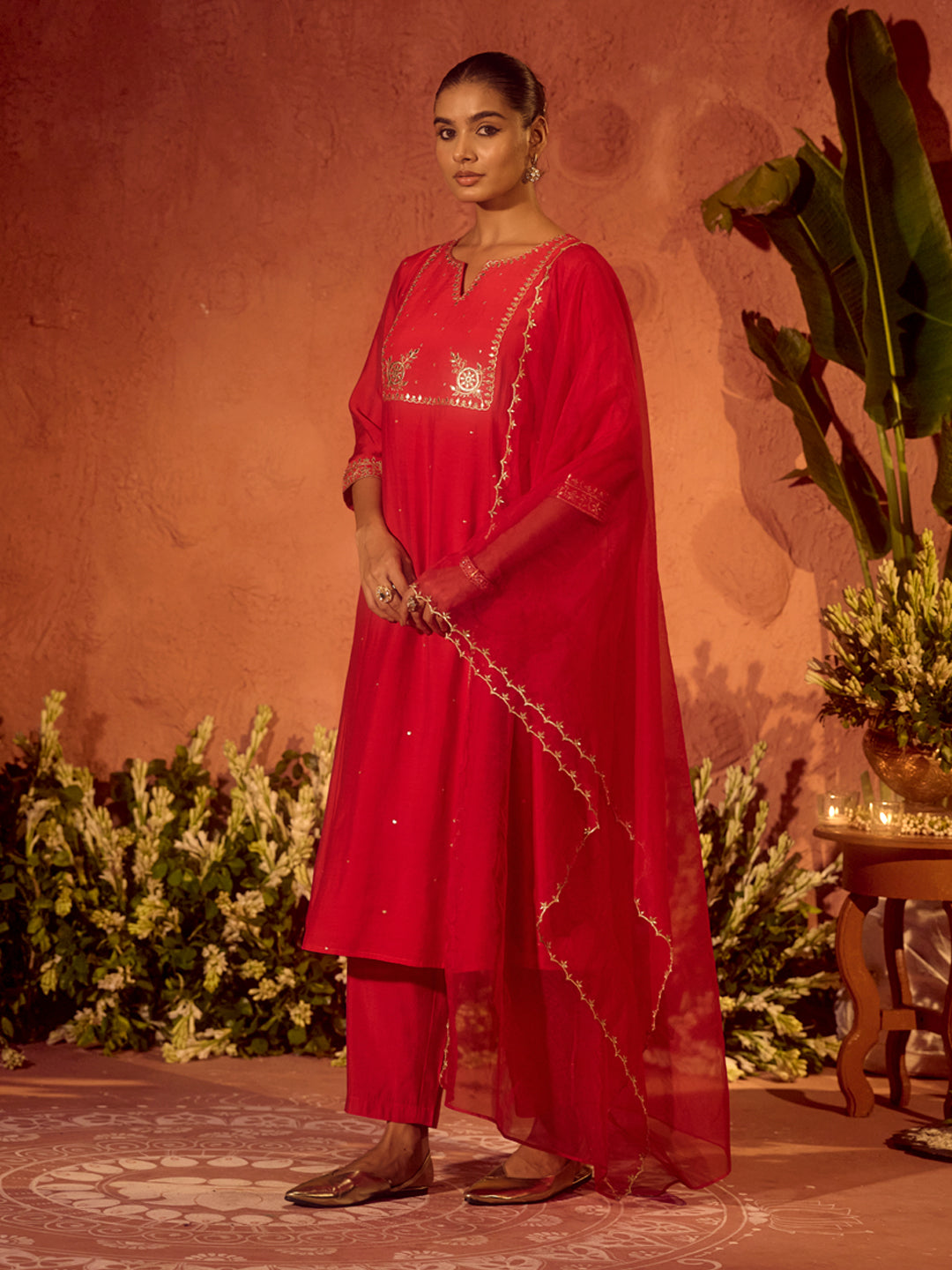 Dhiyona FL Women's Red Viscose Chanderi Embroidered Ethnic A-Line Kurta Set with Dupatta