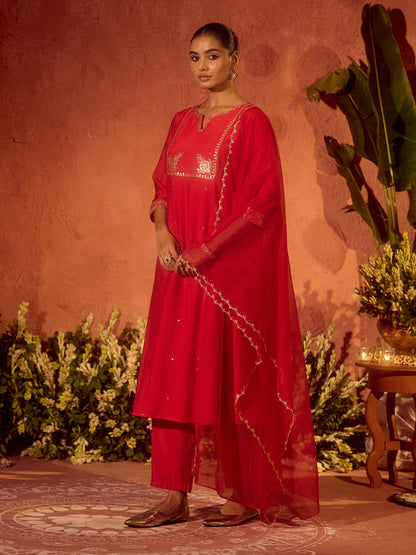 Dhiyona FL Women's Red Viscose Chanderi Embroidered Ethnic A-Line Kurta Set with Dupatta